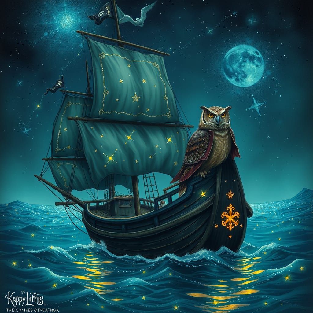 Celestial Owl Guides Starry Pirate Ship