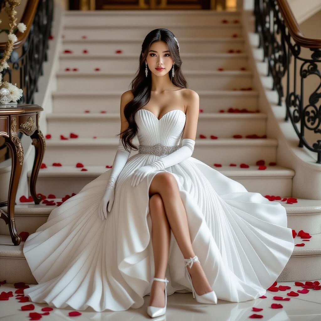 Elegant Bride on Opulent Stairs in Photorealistic Style