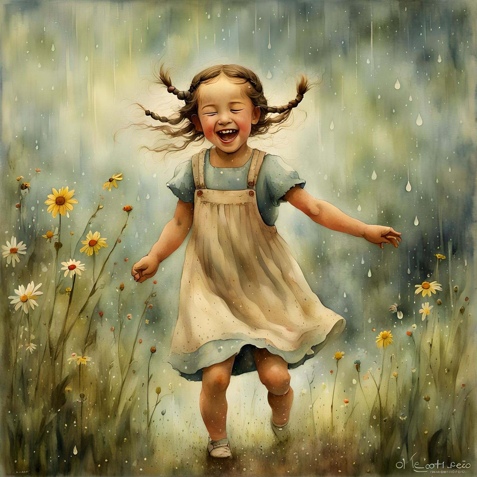 Girl Dancing in Rain, Watercolour Impressionism