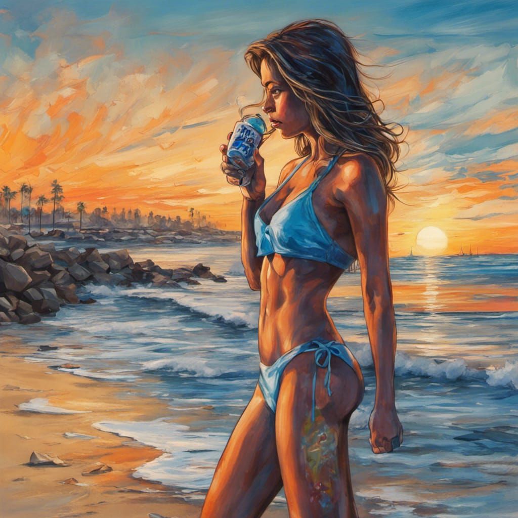 Beach Girl in Graffiti Art Style at Sunset