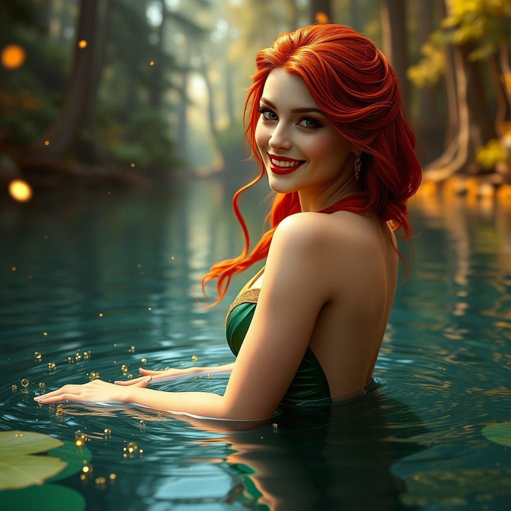 Sensual Nymph in Emerald Green and Gold, Red Hair, Gothic Ma...