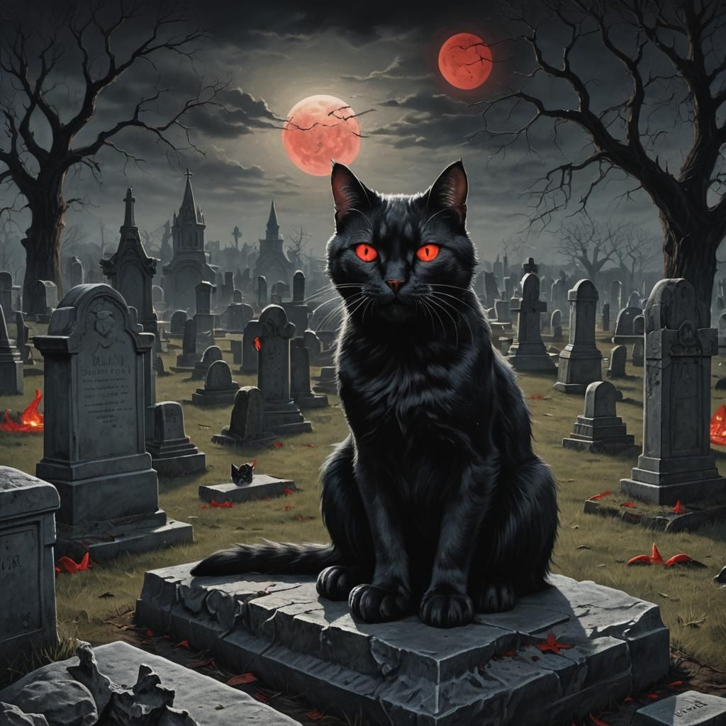 Eerie Hissing Cat in Graveyard: Dark Surrealism