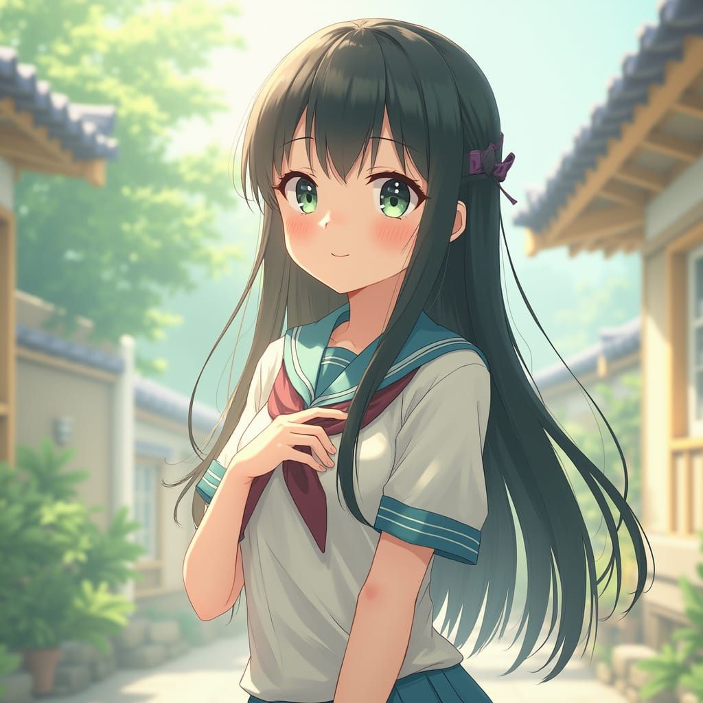 Serene School Girl in Japanese Garden Style