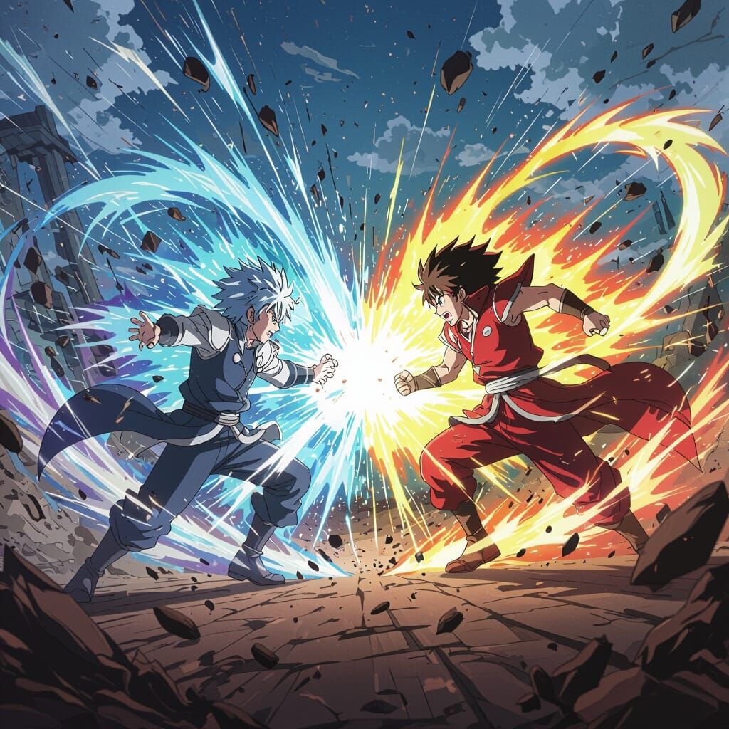 Epic Anime Battle Scene with Energy and Debris