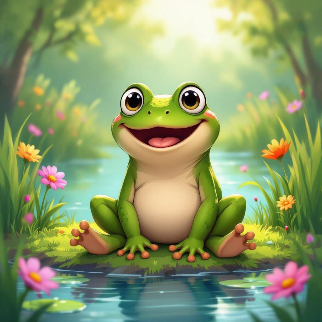 Cheerful Cartoon Frog with Dirty Feet by Pond