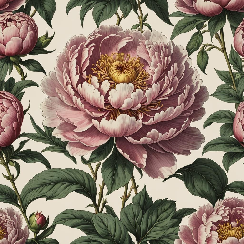 Detailed Botanical Illustration of a Peony