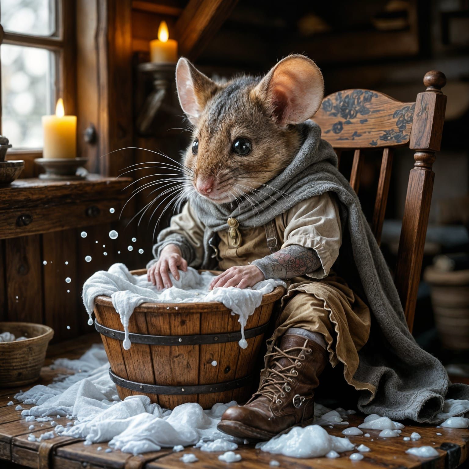 Anthropomorphic Mouse Washing Clothes in a Bowl