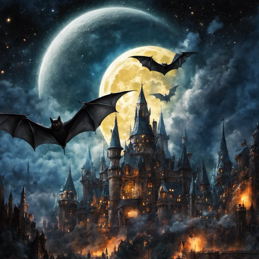 Bat in Flight Under Moonlight, Digital Mixed Media