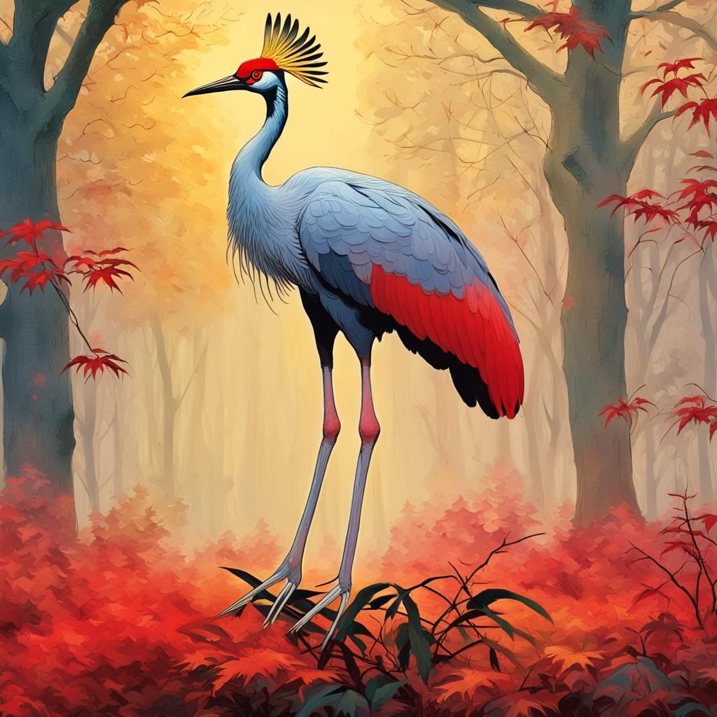 Sarus Crane in Van Gogh Style with Golden Jewelry