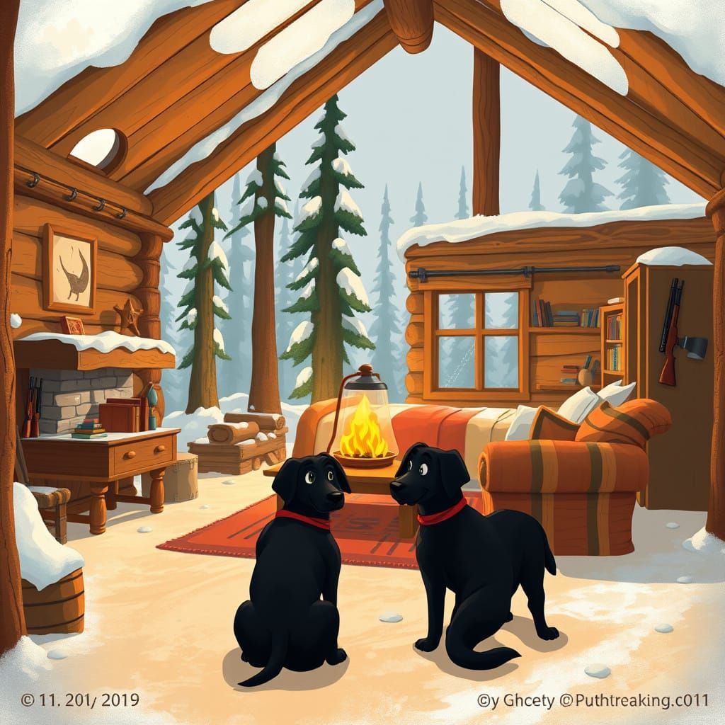 Cozy Log Cabin Interior in Vintage Animated Style
