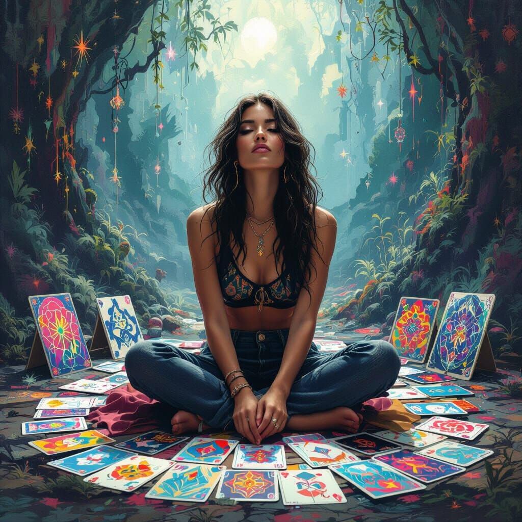 Mystic Woman with Metaphoric Cards in Surreal Cyberpunk Styl...