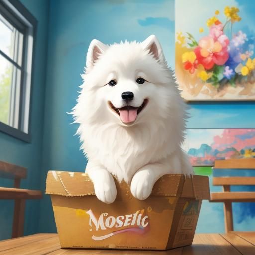 Samoyed Puppy in Takeaway Box: 3D Impressionist Art