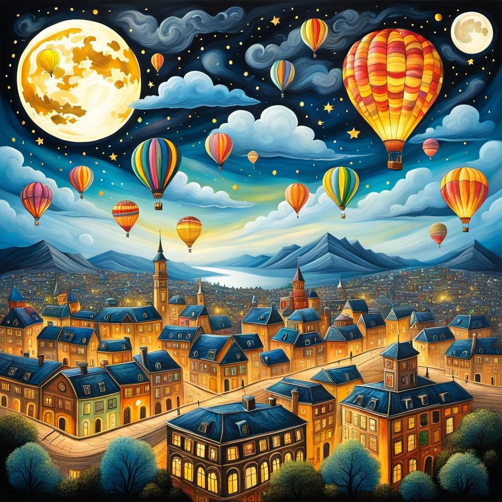 Whimsical Cityscape with Colorful Air Balloon