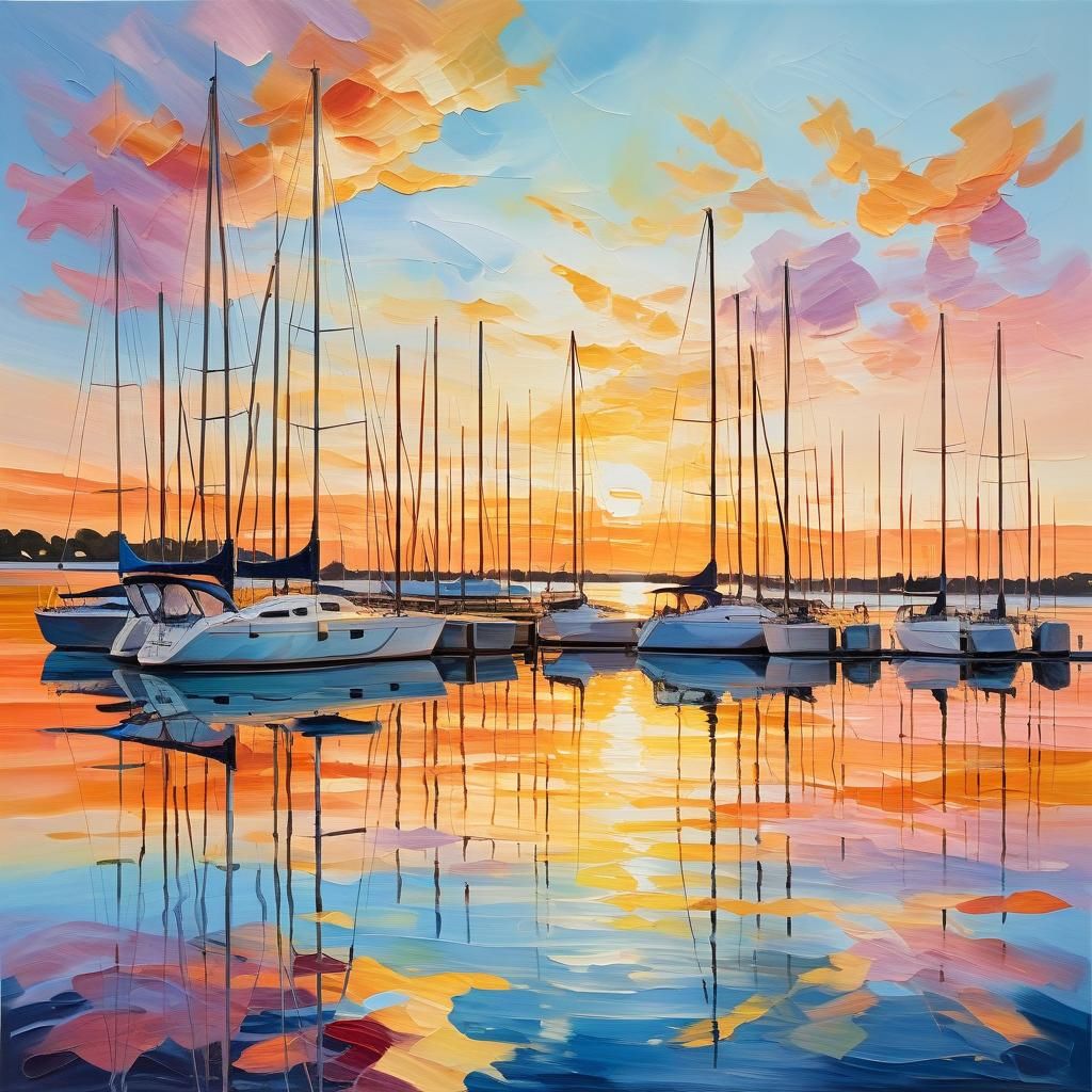 Marina Sunset: Impressionist Oil Painting in Triadic Colors