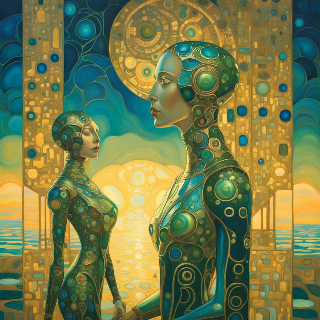 Ethereal Female Robot Amidst Alien Artifact in Art Nouveau S...
