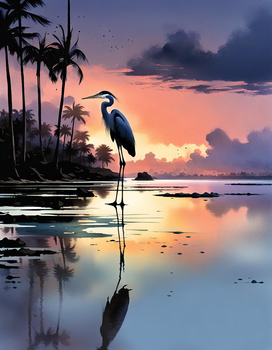 Heron on Hawaiian Lagoon in Dieselpunk Style