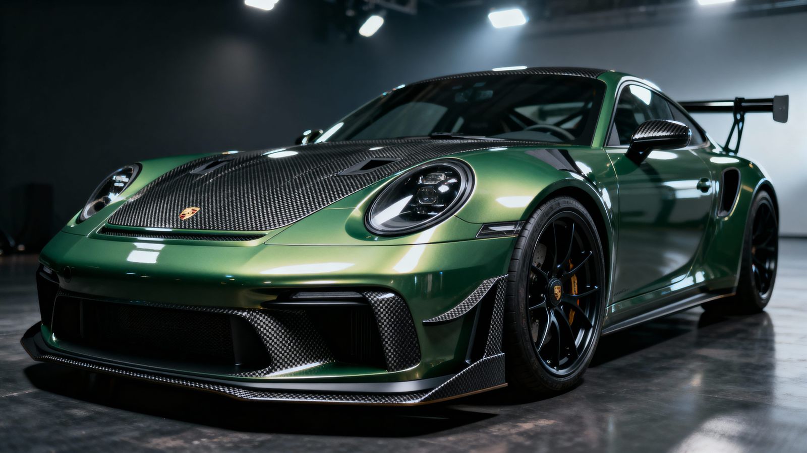 Modified Metallic Green Porsche Sports Car in Studio