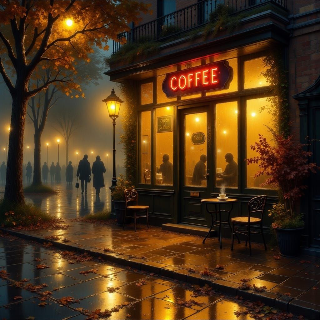 Cozy Coffee Shop on Rainy Autumn Night with Warm Golden Ligh...