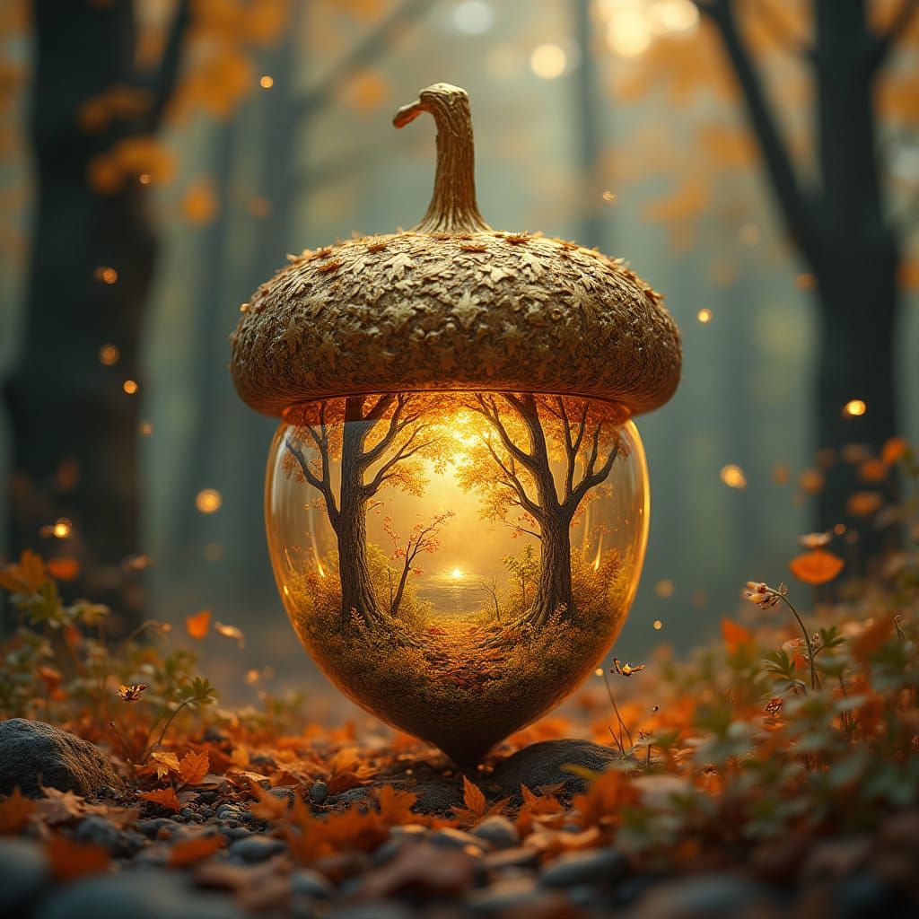 Gilded Acorn with Fireflies in Mystical Forest