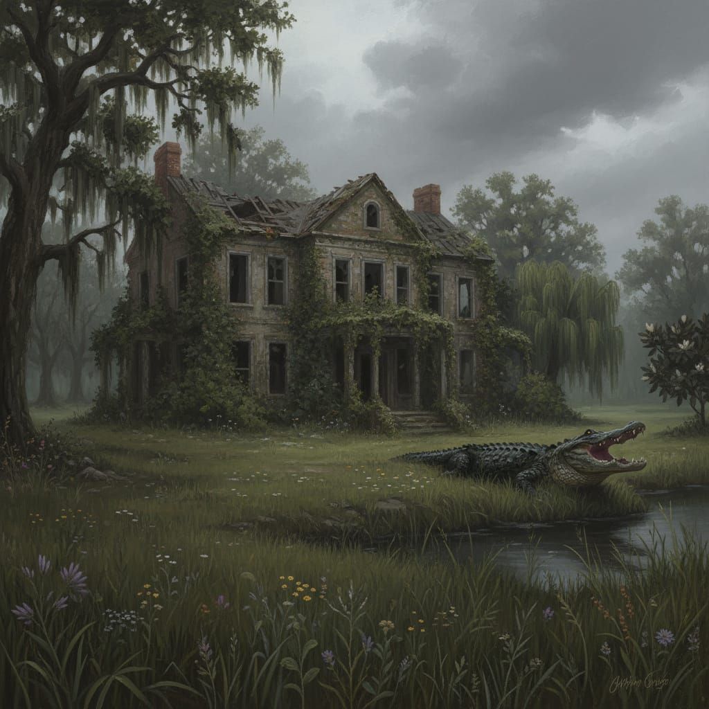 Southern Gothic Ruined Mansion Oil Painting