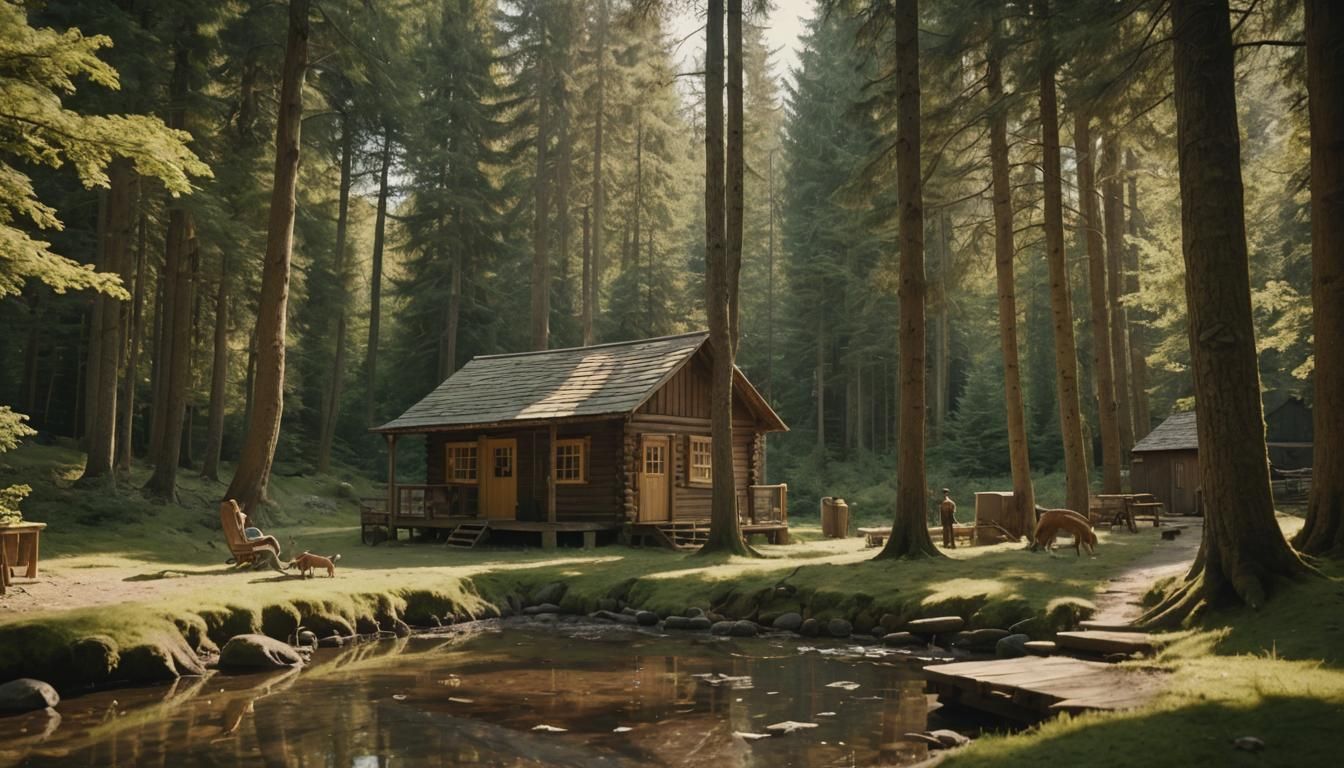 Idyllic Forest Cabin Scene in Cinematic Style