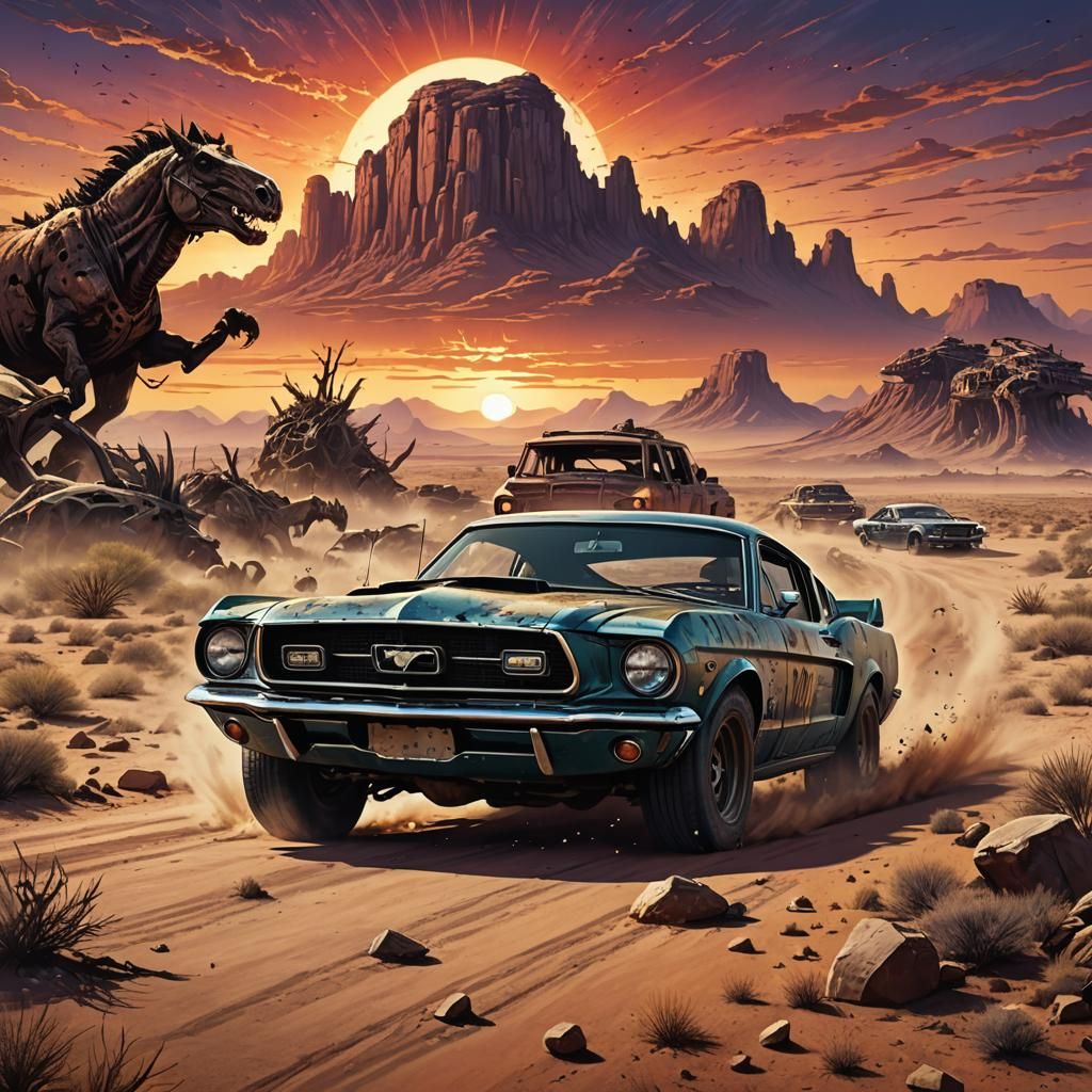 Post-Apocalyptic Mustang in Retro Horror Comic Style