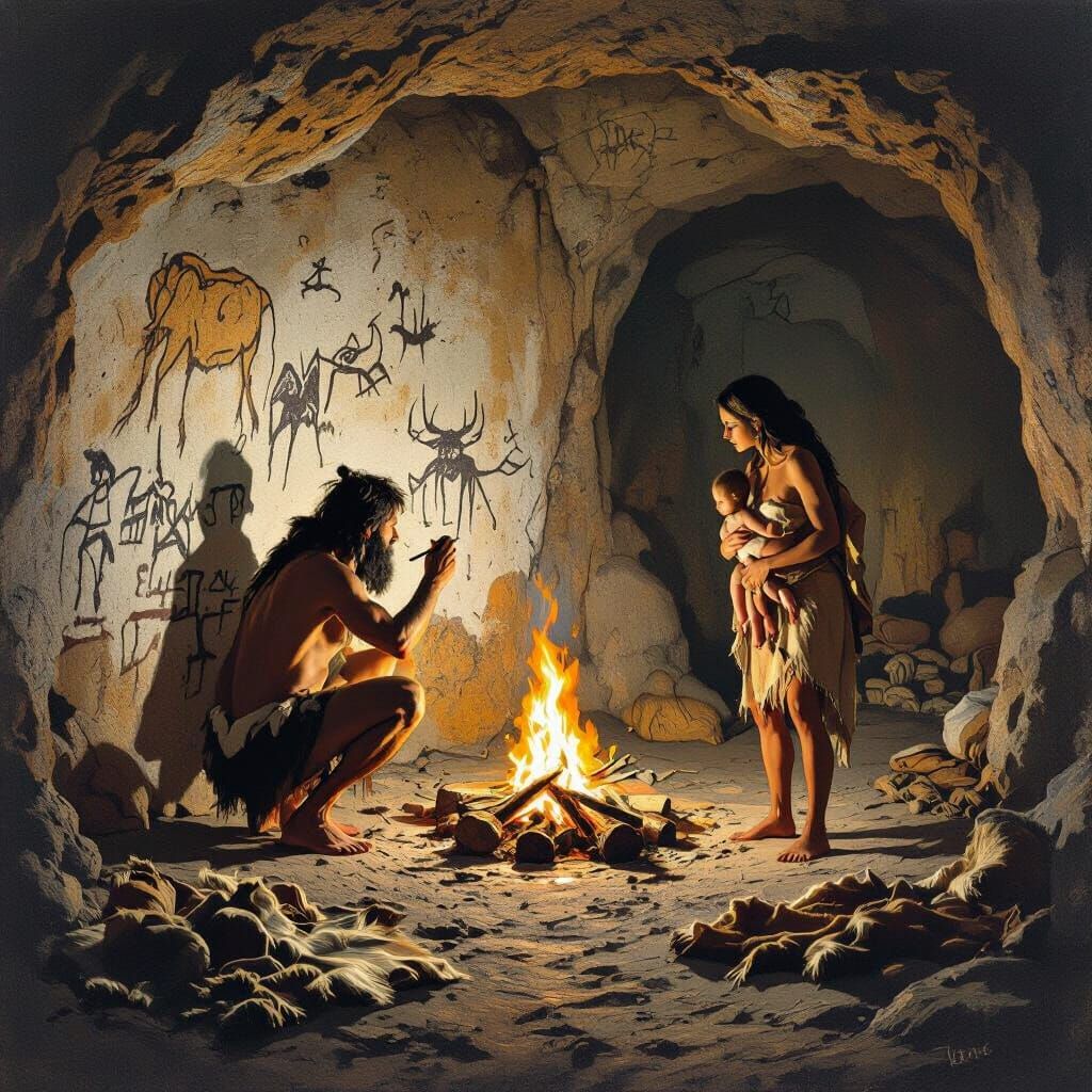 Prehistoric Family Scene in Cave Painting Style
