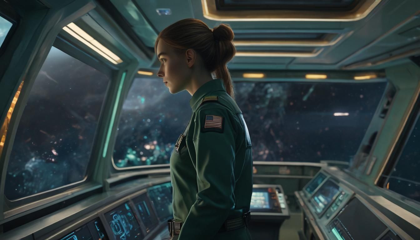 Human Captain Stands on Futuristic Starship Bridge, Earth in...