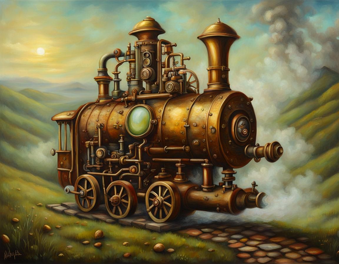 Steampunk Apple Mist Alchemist in Oily Landscape