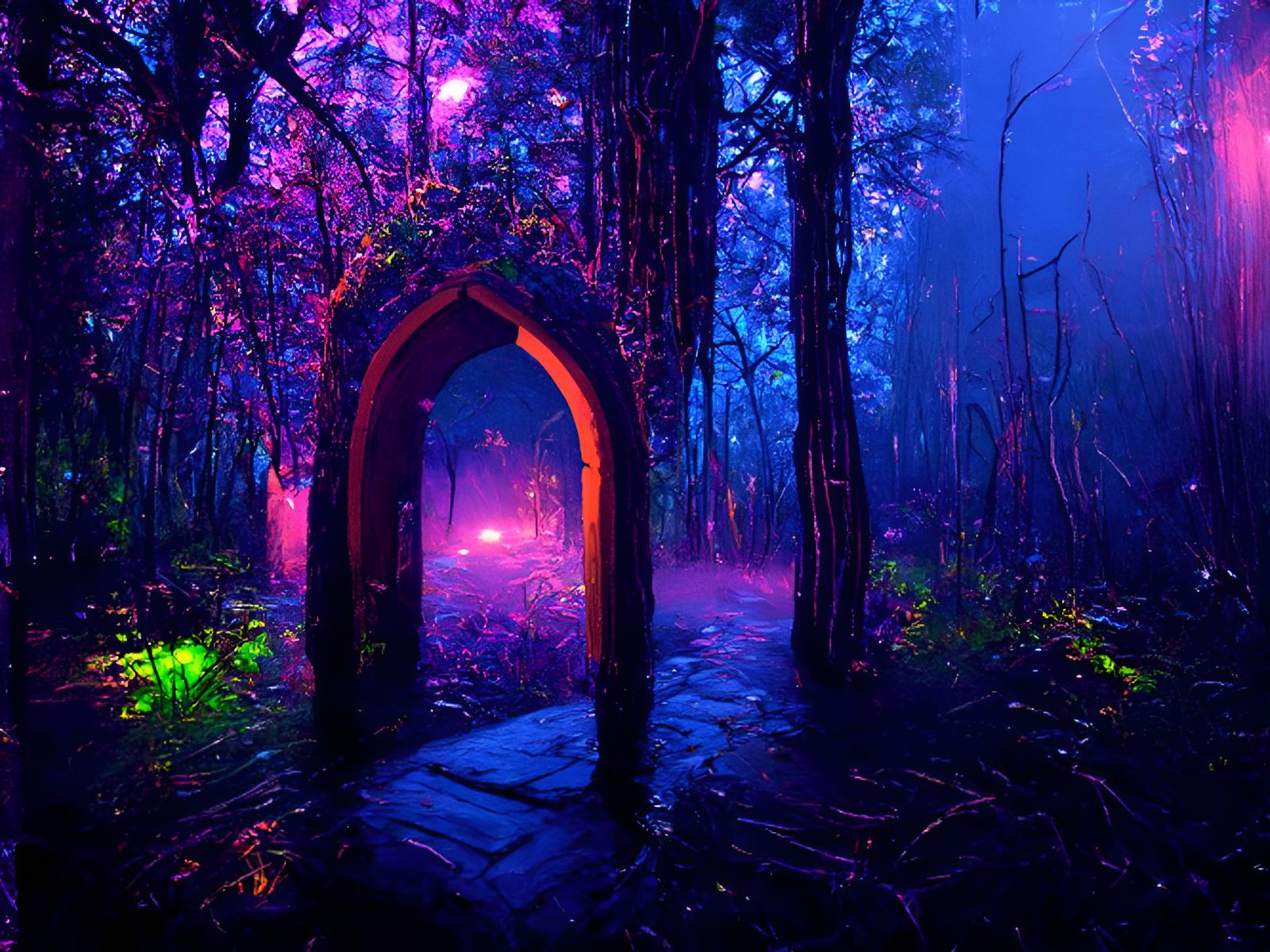 Mystical Doorway in Blacklight Forest: Hyperdetailed Oil Pai...