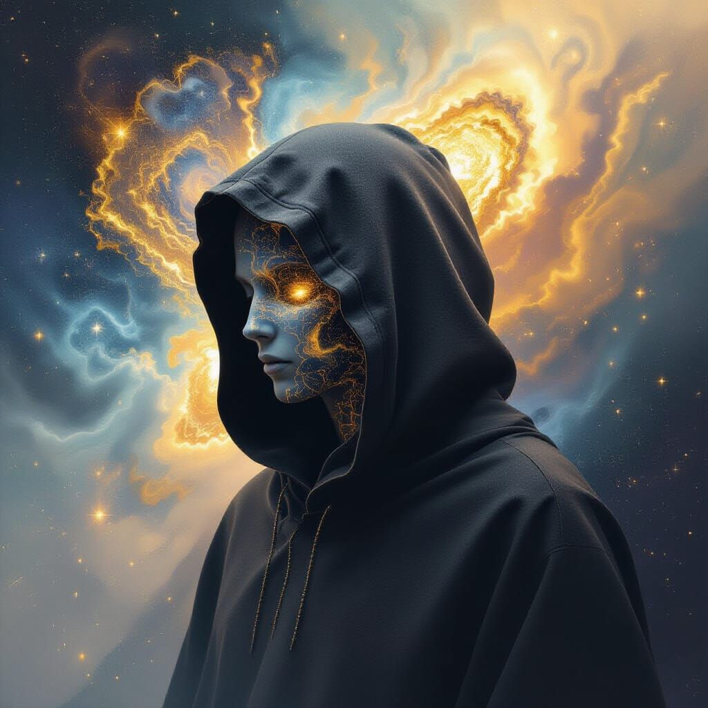 Galactic Dissolution: A Surreal Portrait in Gold and Blue