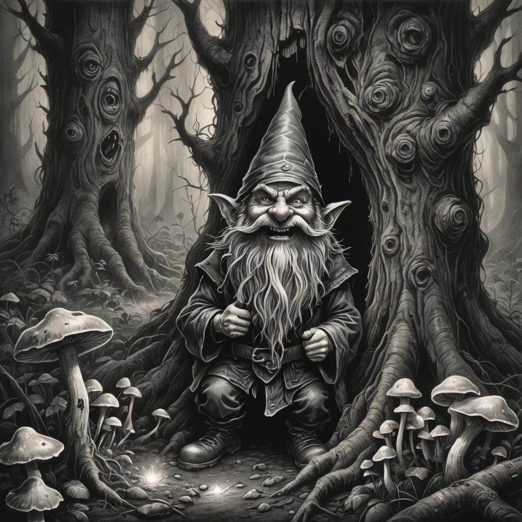Evil Gnome Conjuring Spell: Charcoal Drawing