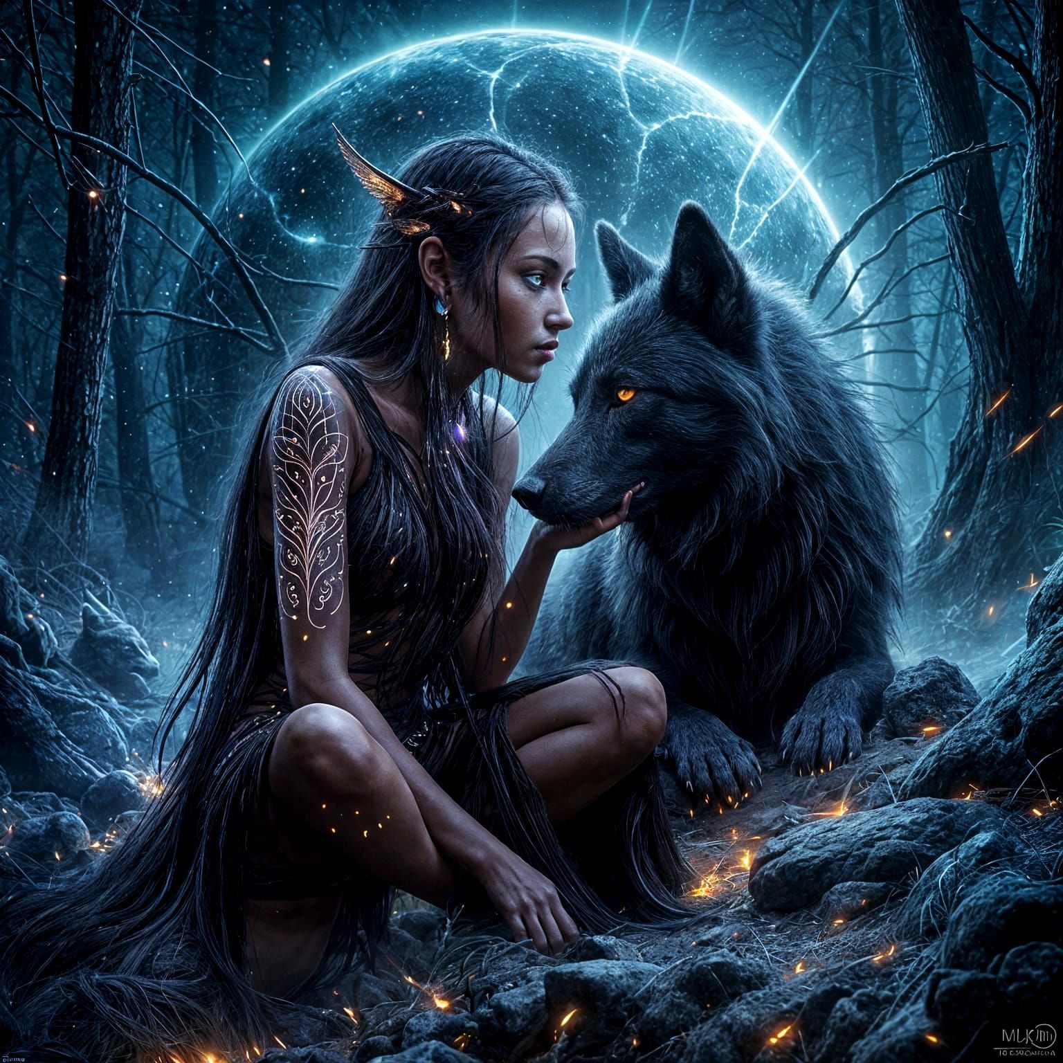 Dark Fairy with Cosmic Wolf Companion