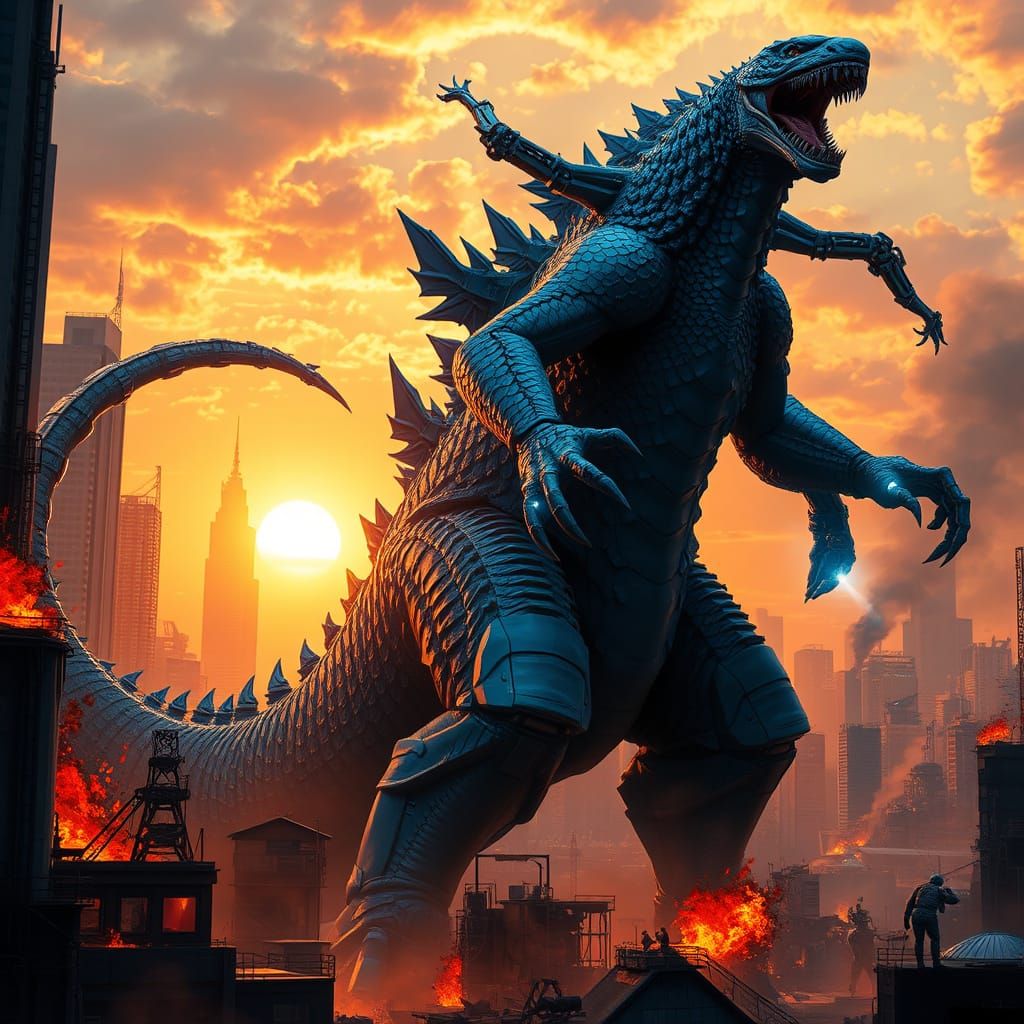 Colossal Kaiju Battles Futuristic Mecha in a Fiery, Industri...