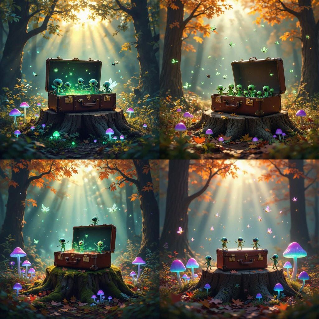 Cosmic Autumn Forest Clearing with Aliens and Glowing Mushro...