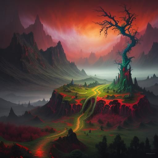 Surreal Dark Fantasy Hillside with Red Planet