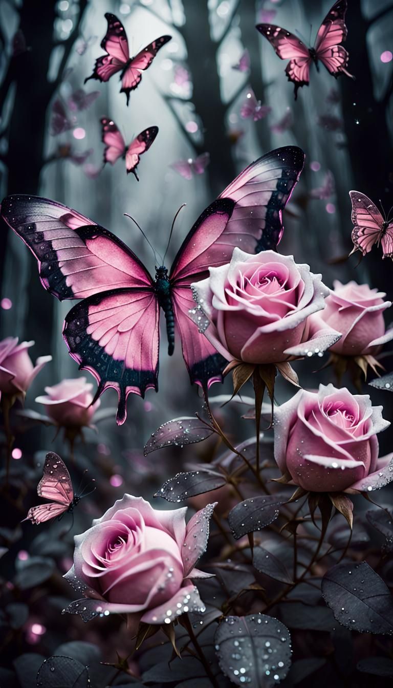 Eerie Pink Roses and Butterflies in Dark Forest
