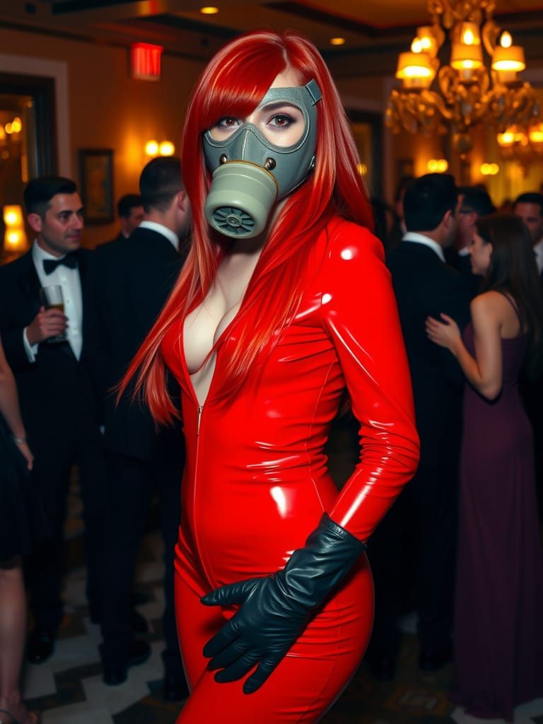 A woman in a bright red latex jumpsuit stands out against a backdrop of a dimly lit, upscale party. She wears a full fac...
