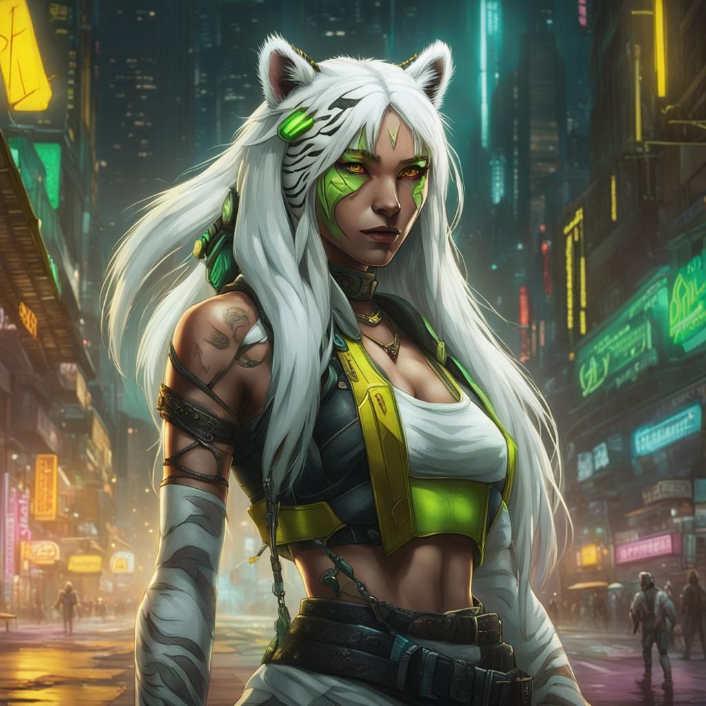 Cyberpunk White Tiger Demi-Human in Neon Cityscape