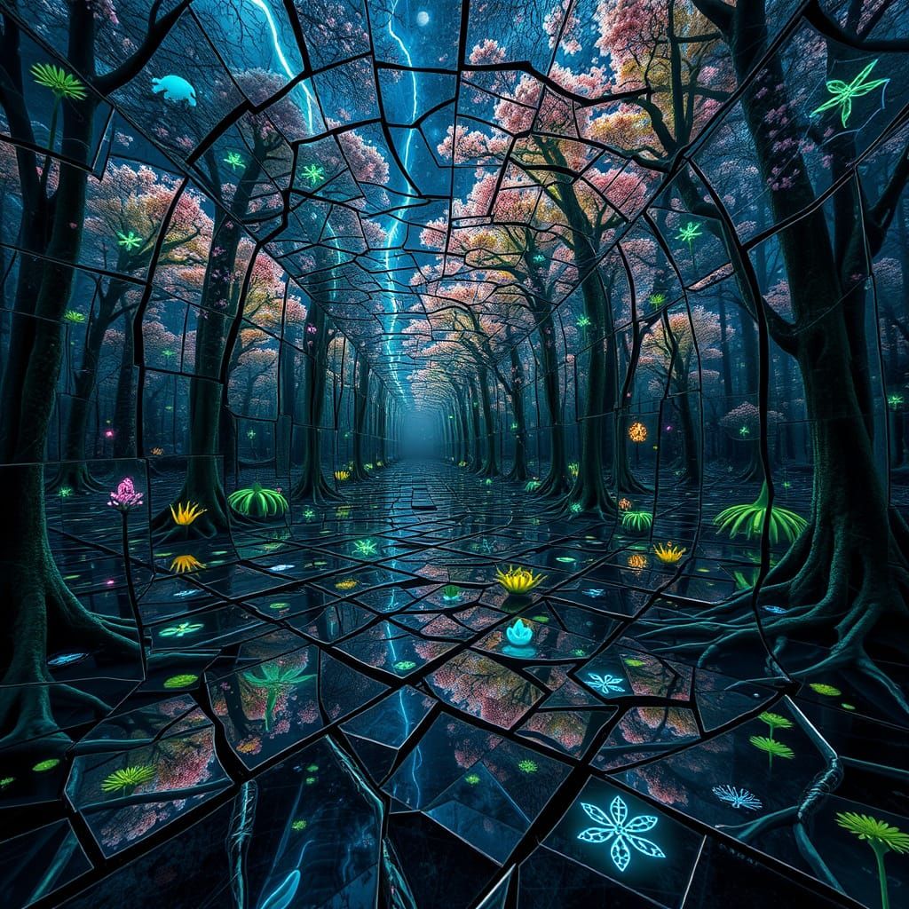 Ethereal Labyrinth of Mirrors and Bioluminescent Wonders