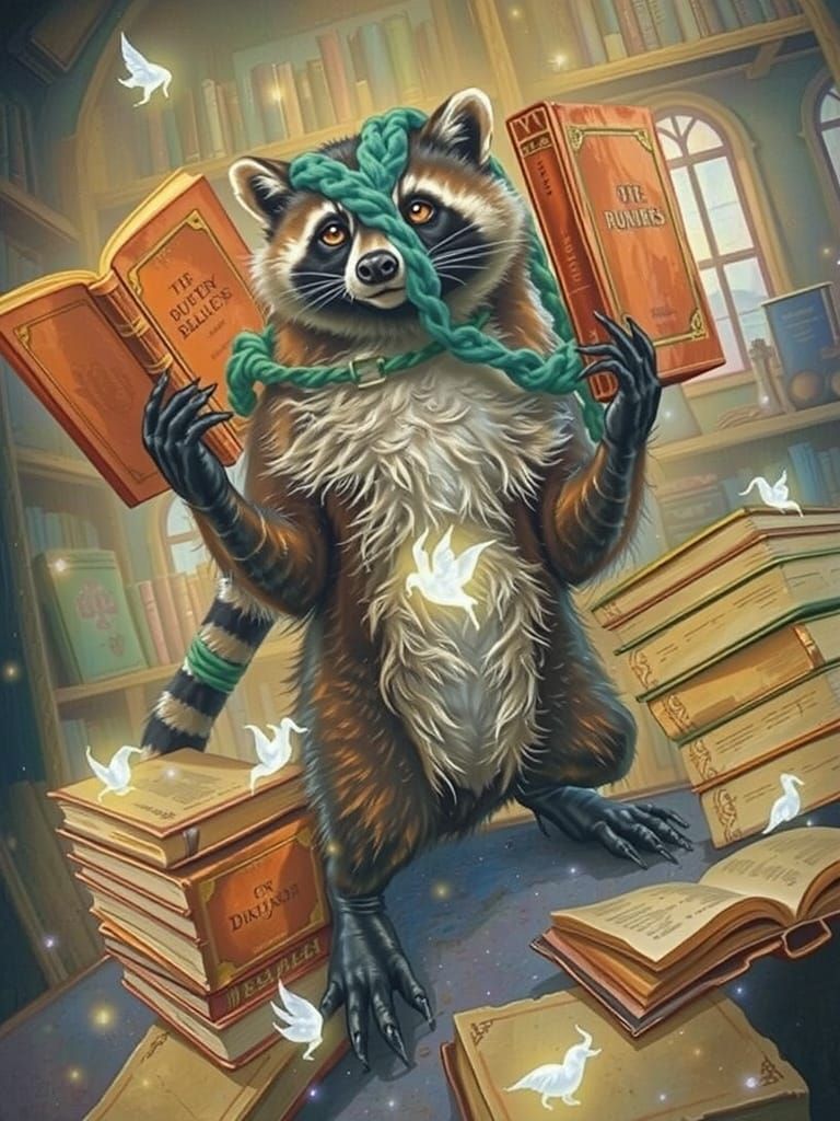 Raccoon with Glowing Runes in Antique Book Labyrinth