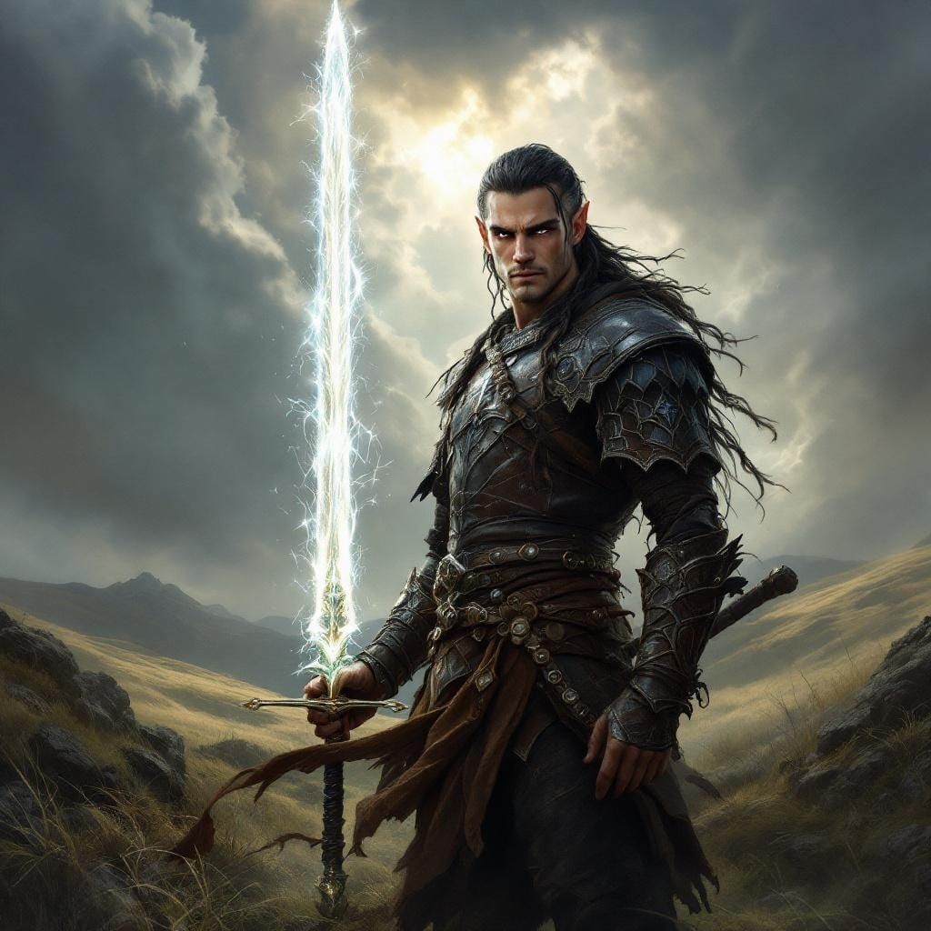 Elf Warrior on Windswept Moor with Glowing Sword