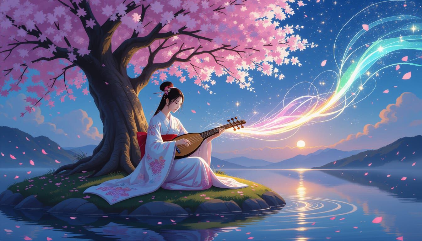 Japanese Woman Plays Luminous Koto Under Cherry Blossoms