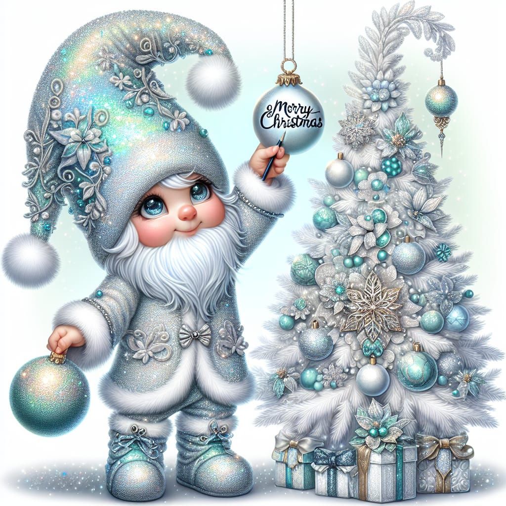 Sparkly Christmas Gnome Decorates a Teal Christmas Tree
