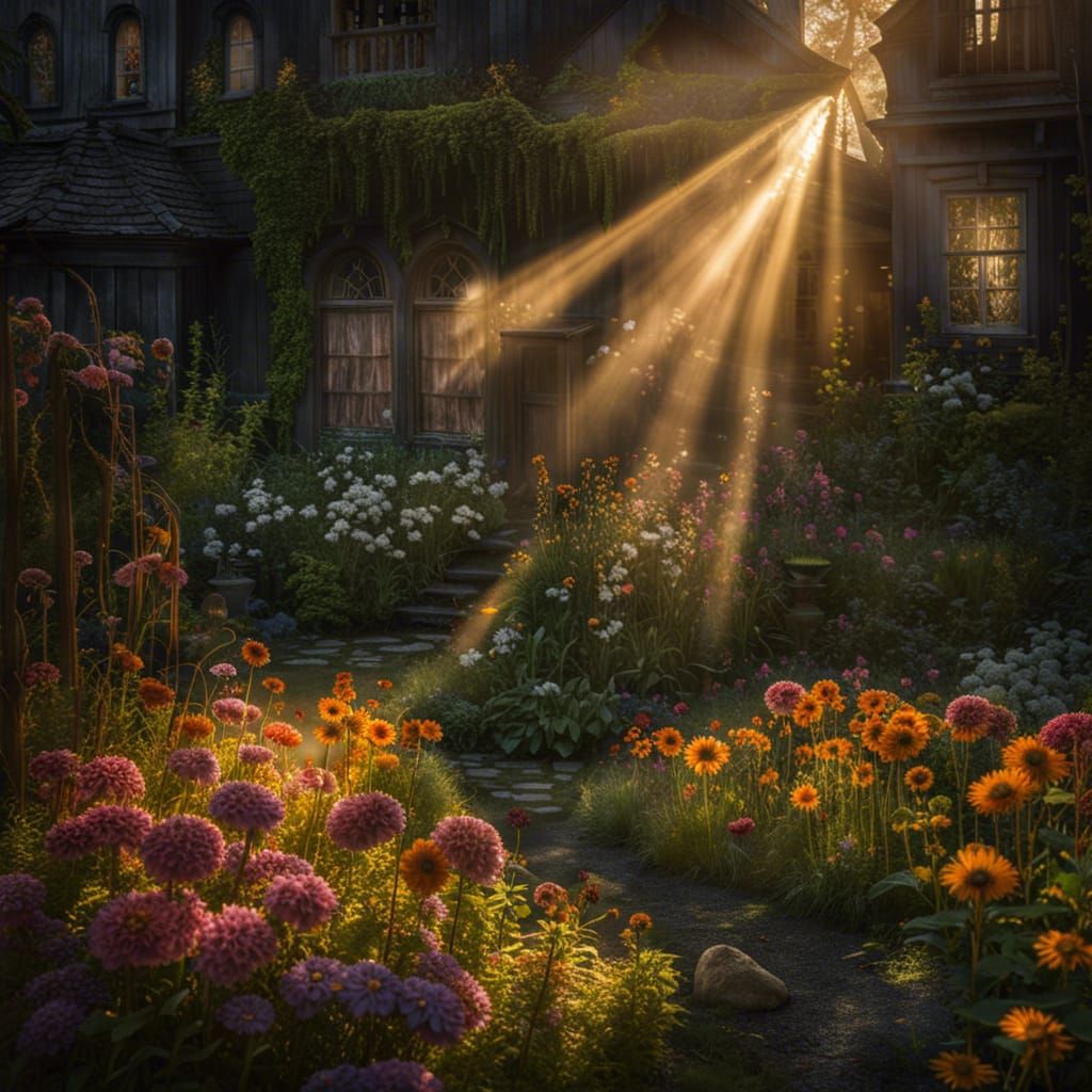 Sunbeams Illuminate a Blooming Garden: Intricate Art