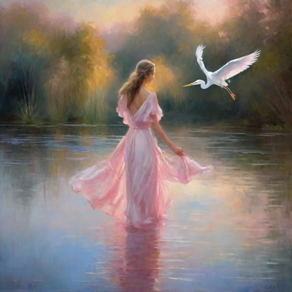 White heron dream, impressionistic oil painting