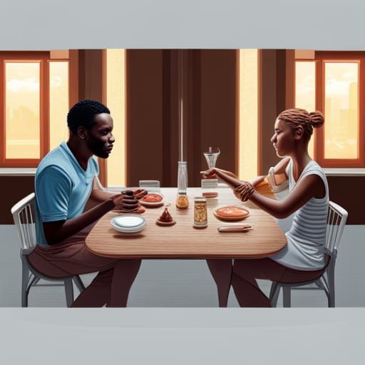 Interracial Couple Sharing a Meal, Hyperrealistic Image
