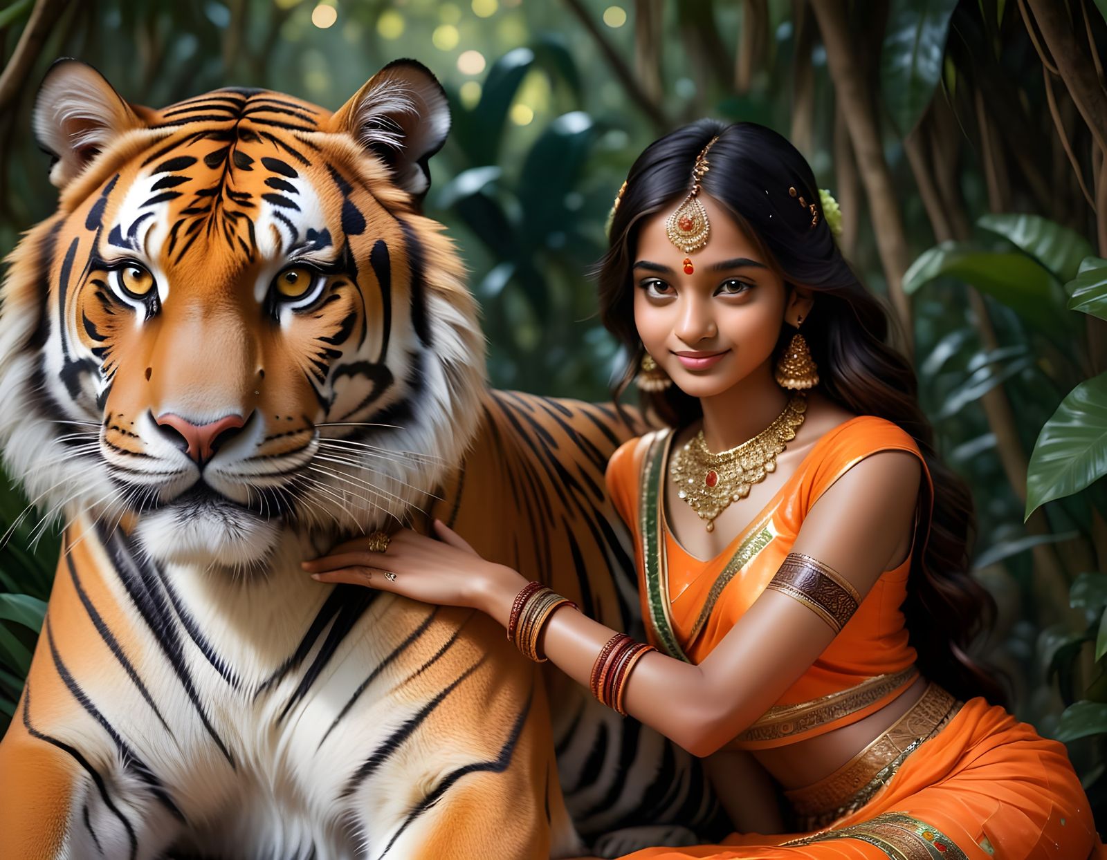 Sensual Princess Embraces Tiger's Face in Sunny Jungle