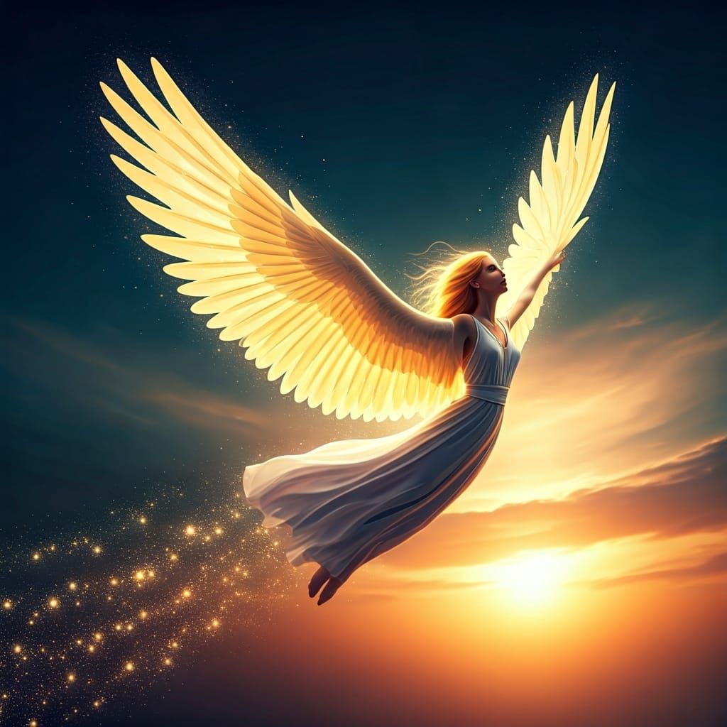 Radiant Woman with Glowing Wings Soaring