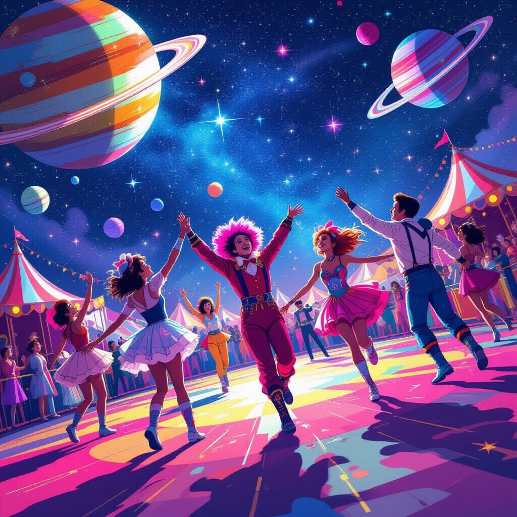 Cosmic Circus Troupe in Vibrant Digital Painting Style